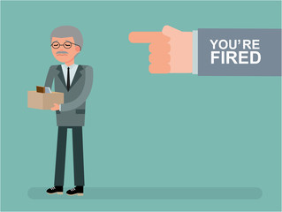 The chief dismisses the employee. Youre fired. Boss getting fired by employee. The hand points ex-boss on the way out. Cartoon vector flat-style illustration