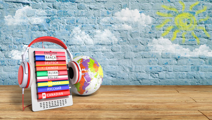 e-book with globe audio learning languages breeck background 3d