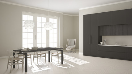 Scandinavian classic white kitchen with wooden and gray details,