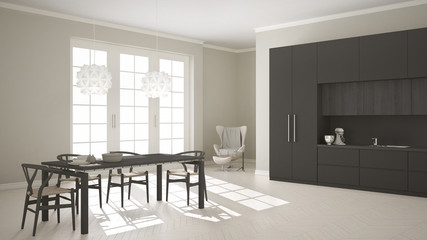 Scandinavian classic white kitchen with wooden and gray details,