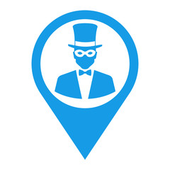 Icono plano localizacion hombre con chistera y antifaz azul
