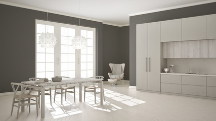 Scandinavian classic white kitchen with wooden and gray details,