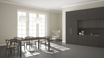 Scandinavian classic white kitchen with wooden and gray details,