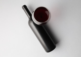 Top view of Wine bottle and glass wine