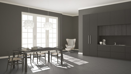 Scandinavian classic white kitchen with wooden and gray details,