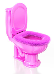 Pink toilet seat with fur. 3d image isolated on white.