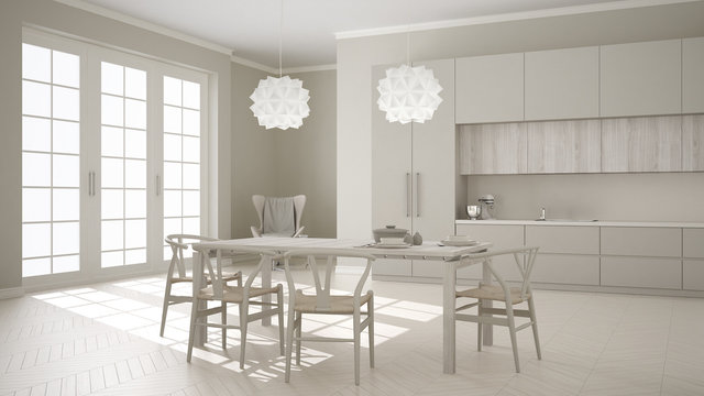 Scandinavian classic white kitchen with wooden and gray details,