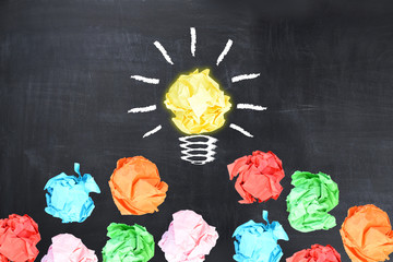 Bright idea concept with light bulb shaped crumpled paper on blackboard 