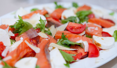 Salad tomatoes, cheeses, seafood in white dish on the holiday table