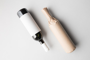 Top view of two wine bottles