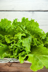Fresh salad on a vintage tray on wooden background