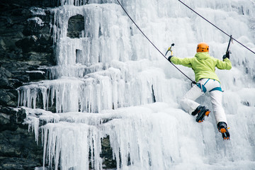 women climbed a frozen waterfall, icicle