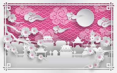 Vector illustration of branch of cherry blossoms and chinatown village on pink outdoor background with clouds, oriental vintage pattern frame for chinese new year greeting card, paper cut out style