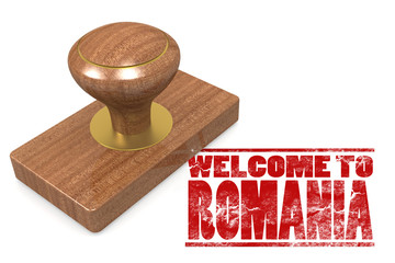 Red rubber stamp with welcome to Romania