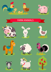 Big set isolated farm birds, animals. Vector collection funny animals. Cute domestic animals in cartoon style. Pig, rooster, hen, chicken, horse, cow, rabbit, goose, duck, sheep, turkey, cat, goat