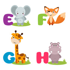 Obraz na płótnie Canvas A vector illustration of alphabet animals from E to H. Vector illustration for kids education, foreign language study.