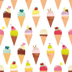 Ice cream cone seamless pattern background. Realistic. Bright and pastel colors. Isolated on white. Added in swatches.