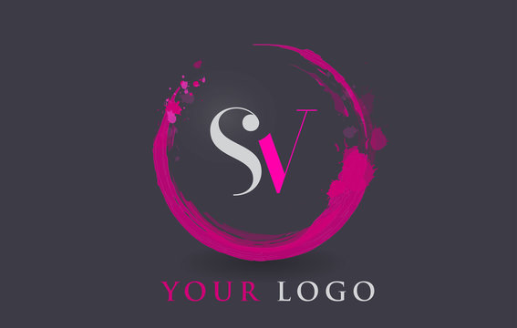 SV Letter Logo Circular Purple Splash Brush Concept.