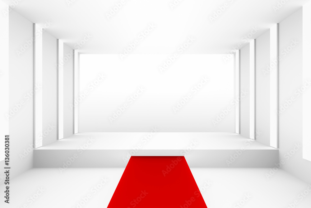 Poster Blank white empty podium with red carpet for backdrop design template blank layout background