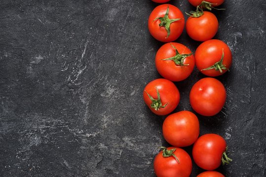 red ripe tomatoes in a row on a dark black background with copy space