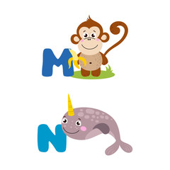 A vector illustration of alphabet animals from M to N. Vector illustration for kids education, foreign language study.