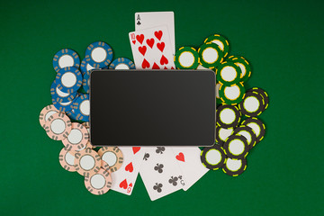 Online poker game with digital tablet, chips and cards
