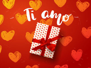 vector gift box with hearts, bow and ribbons. Hand drawn calligraphy. concept handwritten "i love you" in Italian  