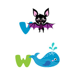 A vector illustration of alphabet animals from V to W. Vector illustration for kids education, foreign language study.