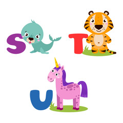 A vector illustration of alphabet animals from S to T. Vector illustration for kids education, foreign language study.