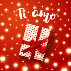 vector gift box with hearts, bow and ribbons. Hand drawn calligraphy. concept handwritten "i love you" in Italian  