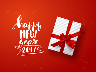 Color vector gift box, bows and ribbons . Hand drawn calligraphy lettering  Happy new year
