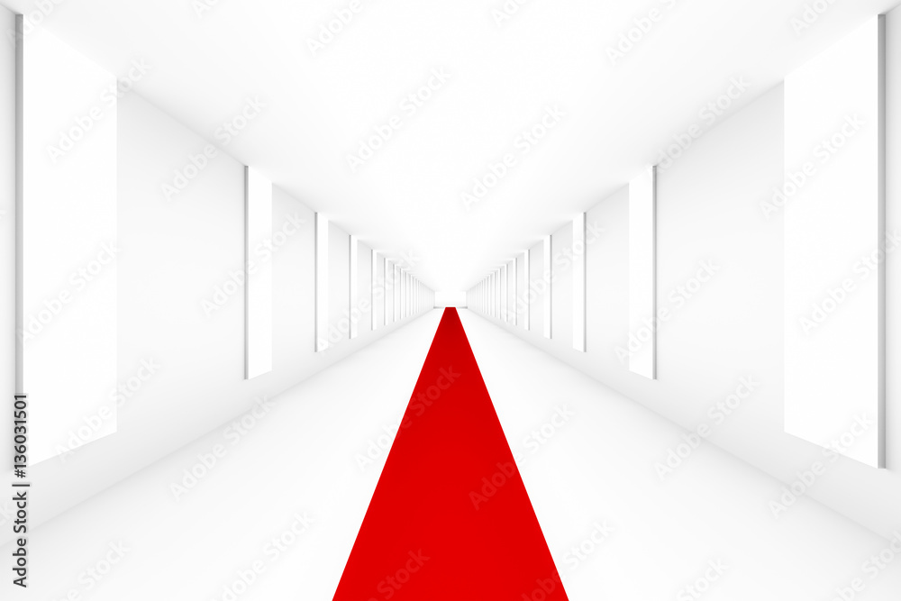 Poster Blank white empty podium with red carpet for backdrop design template blank layout background