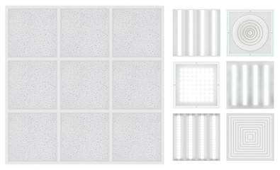 Suspended cassette ceilings - Armstrong. Set for a modular ceiling - lamps and ventilation grids. Isolated seamless texture on white background. Top view. 3D rendering.