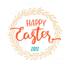 Fototapeta na wymiar Hand drawn vector illustration - Happy Easter. Original lettering phrase with laurel wreath. Perfect for invitations, greeting cards, posters, prints