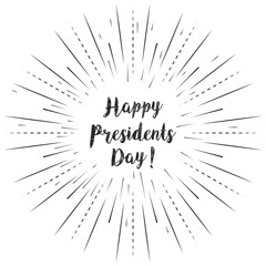 Obraz premium Happy Presidents Day text with sun rays linear background. Vector card design with custom calligraphy