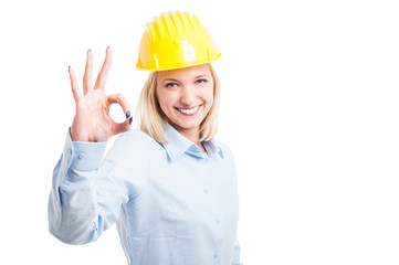 Woman architect showing ok  or approval gesture