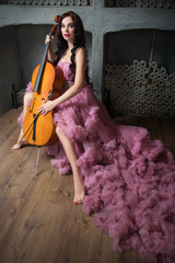 Portrait of young beautiful girl with long dark hair with cello in long pink dress in photo studio © k8most