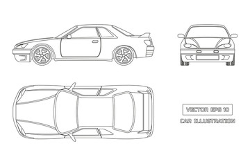 Contour drawing of the car on a white background. Top, front and side view. The vehicle in outline style