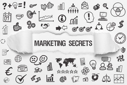 Marketing Secrets / weißes Papier mit Symbole