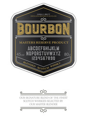 Typeface. Label. Bourbon typeface, labels and different type designs