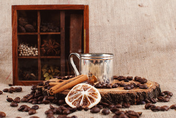 Rustic Background - Cap of Coffee on the Sacking Texture