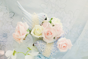 Pastel Background - Tender Roses and fabric Birds on Lace Texture - Greeting Card - Romantic Concept