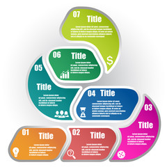 Triangle pyramid infographic template with 7 steps. Parts of the chart  with icons and numbers. For presentation and design concept. Vector illustration.