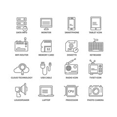 Thin line flat technology isolated black icons