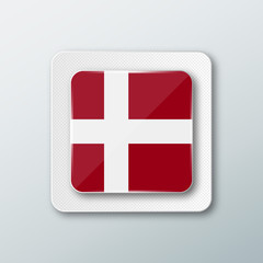 Square button with the national flag of Denmark with the reflection of light. Icon with the main symbol of the country.
