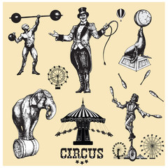  Circus and amusement vector illustrations set . Vintage style drawing