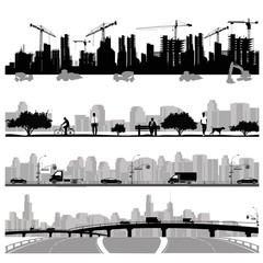 Vector illustration.City skyline.Construction ,park and highway silhouette
