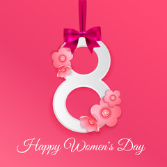 8 March, International Women's Day background with silk ribbon and bow, paper number 8 and origami flowers with shadow.  Greeting card for women or mother's day. Vector illustration
