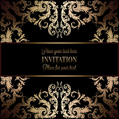 Vintage gold invitation or wedding card on black background, divider, header, ornamental lacy vector frame
