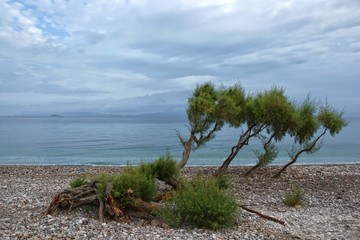 Fototapeta na wymiar View of pebbly beach on cloudy day on western coast of Rhodes Island, Aegean Sea and Turkey coast in the background, Ialyssos, Greece